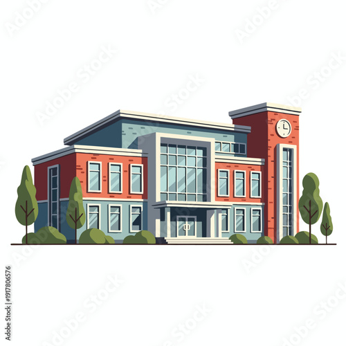 Modern School Building with Greenery and Clock Tower Education Institution Architecture