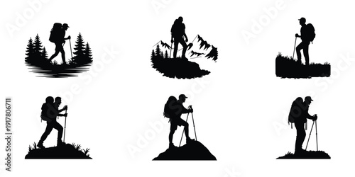 Hikers with Backpacks and Trekking Poles Silhouettes