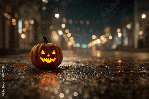 Glowing carved Halloween pumpkin jack o lantern on wet street at night with blurred city lights and raindrops creating spooky and festive atmosphere for autumn celebration