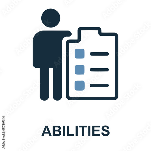 Abilities Icon: A graphic illustration showcasing a person beside a checklist, the word ABILITIES centered below, symbolizing skills assessment and capability