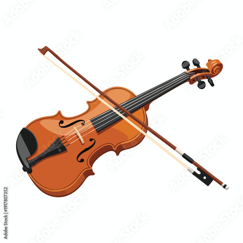 Elegant Acoustic Violin with Bow on a White Background