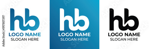 Vector illustration of a clean, modern HB logo with placeholder text for name and slogan, shown in blue, teal, and black color schemes.