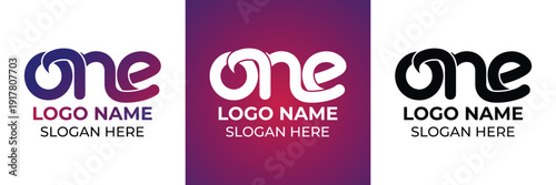 Vector illustration showcasing three color variations of a minimalist logo with 'one' text, placeholder for name and slogan, ideal for branding.
