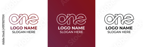 Three variations of a clean, modern logo template featuring 'one' brand name and slogan placeholder on a dark red background.