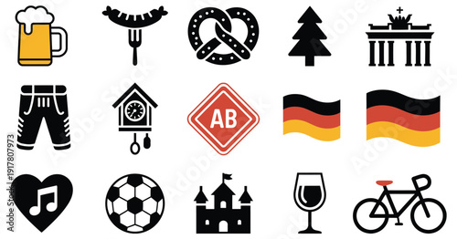 Germany themed icons, vector symbol set for top ranked European visuals, German culture graphics, travel app interfaces, historical landmarks, festival designs, city maps, and modern professional 