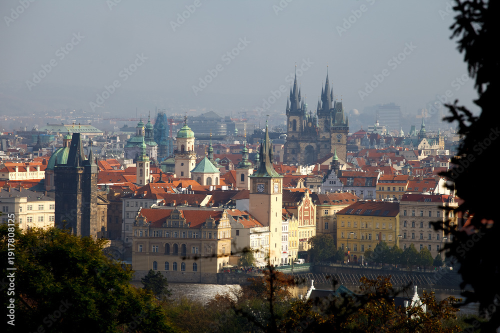 Obraz premium Panoramic aerial view of Charles Bridge over Vltava River and Old Town red roofs, Prague, Czechia. g.