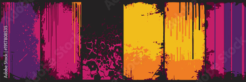 Colorful vector illustration of an abstract urban skyline with gradient hues, dark tree silhouettes, and a radiant sunset backdrop.