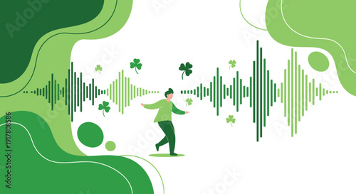 Man celebrating good luck with sound wave and shamrocks around him, Generative AI.