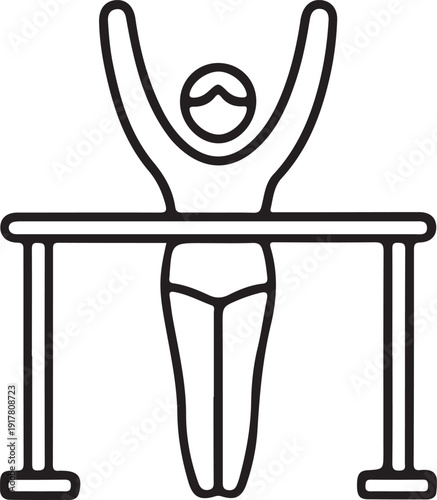 Gymnast Performing Routine on Horizontal Bar Icon, Minimal black line icon of a female gymnast raising arms on a horizontal bar, symbolizing strength, balance, and athletic performance.

