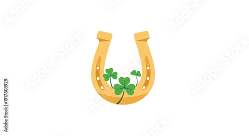 Golden horseshoe with three leafy clover for good luck, Generative AI.