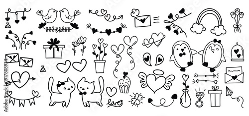 Hand drawn doodle icons set of love, pets, nature, weather and home elements in black and white line art style