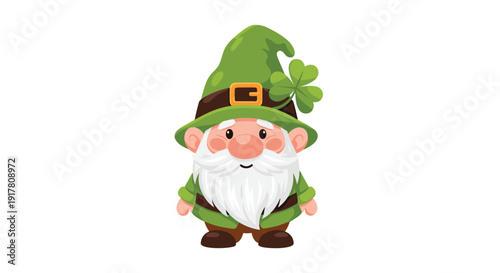 Friendly leprechaun in green hat with shamrock smiling cheerfully, Generative AI.