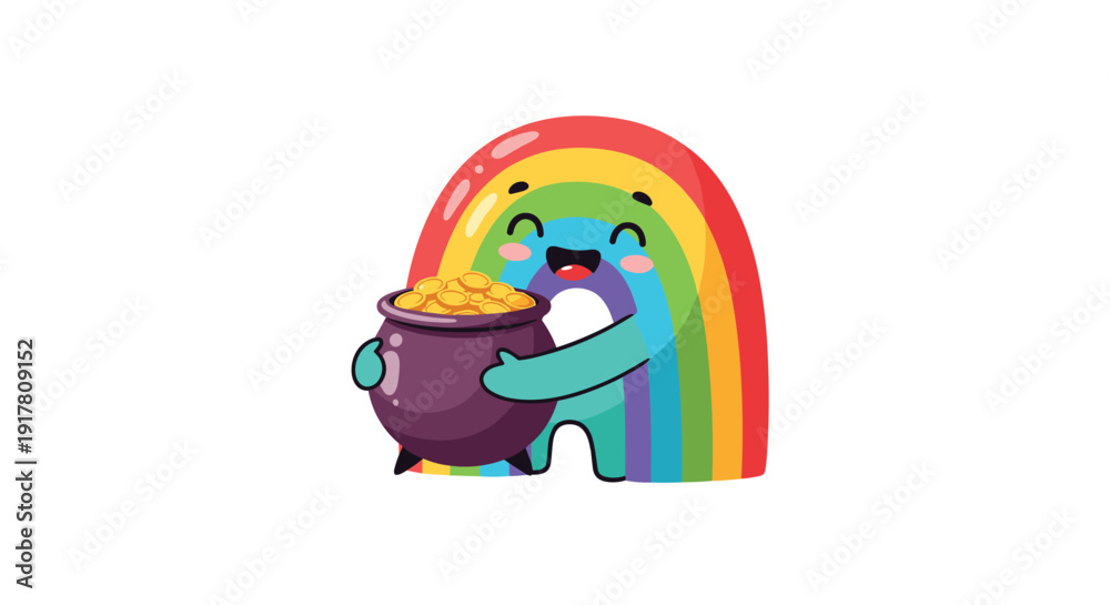 Obraz premium Cute cartoon character holding pot of gold coins under rainbow, Generative AI.