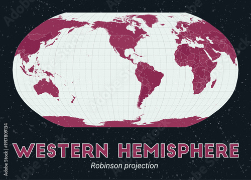 Western Hemisphere. World map. Robinson projection centered to Western Hemisphere. Pale Mint Dark Pink palette. Vintage texture. Authentic vector illustration.