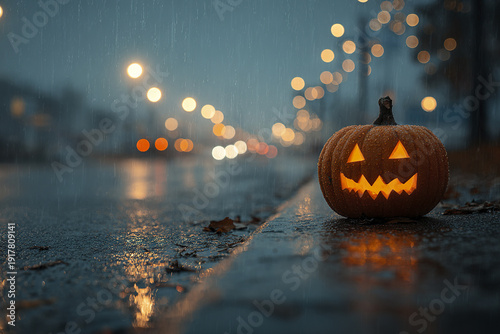 Halloween pumpkin glowing on wet rainy street at night with blurred city lights creating spooky and mysterious atmosphere