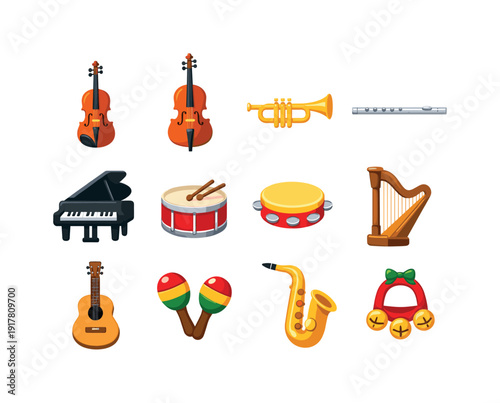 Winter ensemble pack. Colorful flat vector icons set of Winter ensemble pack: violin, cello, trumpet, flute,