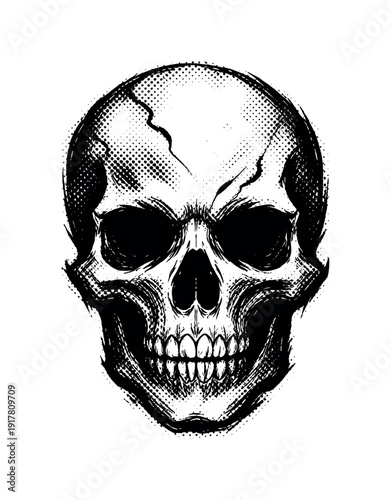Front-facing skull icon rendered in expressive black ink, cracks and contours abstracted into graphic marks,