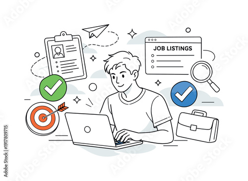 Job hunting for recent graduates and entry-level positions. Young graduate reviewing resume on laptop, job