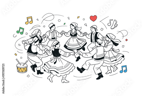 Folk dance celebration. Group of performers dancing in a circle, patterned outfits swirling, subtle confetti