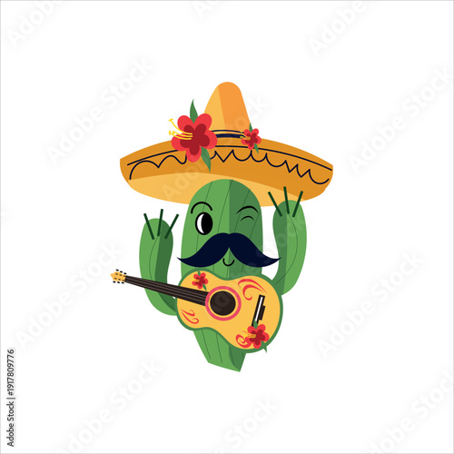 Cute mexican cactus character with guitar and sombrero for cinco de mayo fiesta