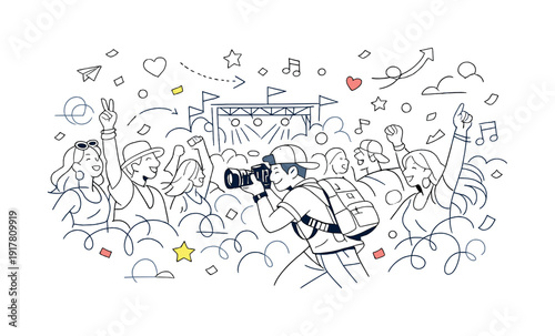 Festival photography vibe. Crowd enjoying an outdoor festival, photographer moving through people, confetti