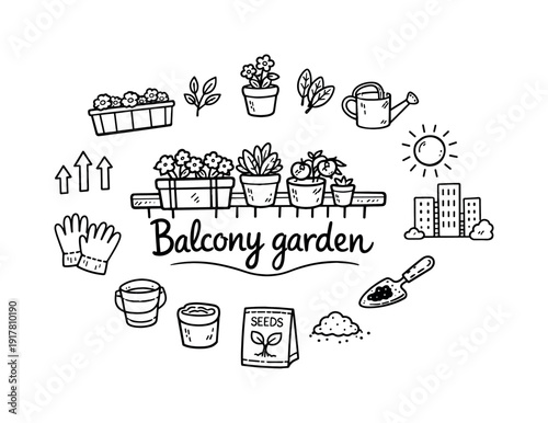 Balcony gardening. Hand-drawn doodle illustration of balcony gardening. In the middle, one slightly larger