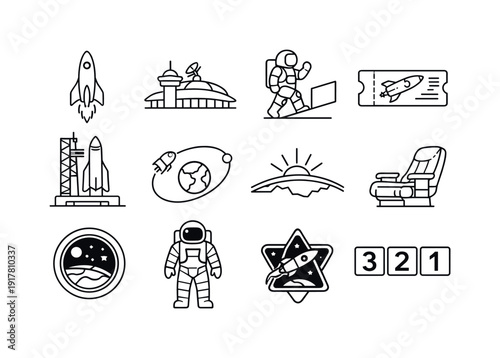 Commercial space travel. Line outline icon set of Commercial space travel: passenger rocket,