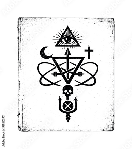 Single occult book page laid flat, centered with a large hand-drawn sigil dominating the page, aged paper