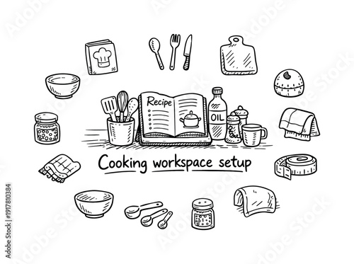 Cooking workspace setup. Hand-drawn doodle illustration of Cooking workspace setup. In the