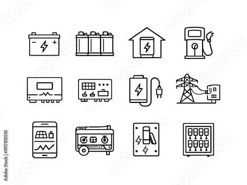 Solar Energy Storage. Line outline icon set of Solar Energy Storage: lithium battery, battery pack, home