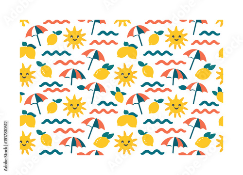 summer seamless pattern, repeating pattern, playful sun, lemons, striped umbrellas and abstract waves