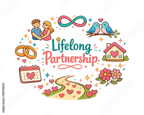 Lifelong Love Circle. Lifelong Partnership. Hand drawn illustration of Lifelong Partnership. couple holding