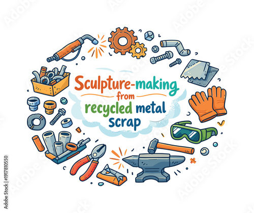 Recycled Metal Artistry. Sculpture-making from recycled metal scrap. Hand drawn illustration of