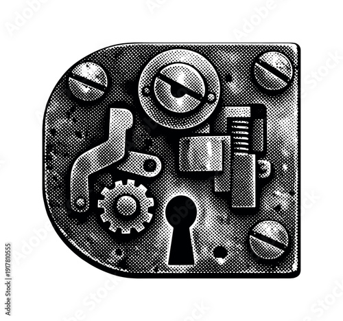 Antique Lock Illustration. Close-up of an antique lock mechanism plate showing worn screws and internal