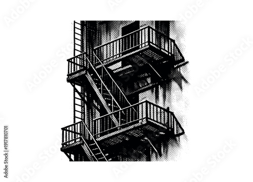 A noir city fire escape rendered as a stark metal structure clinging to a building façade,