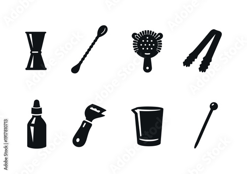 Bar cocktail essentials. Filled icon set of Bar cocktail essentials: jigger measure, bar
