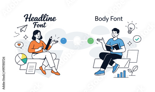 Font Pairing for Brands. Person matching headline and body fonts side by side, harmony indicators glowing