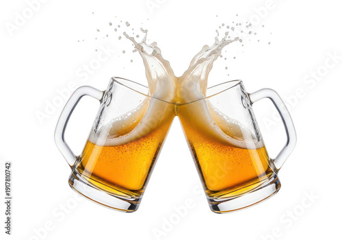 Two beer glasses clinking in a toast splashing liquid on transparent background