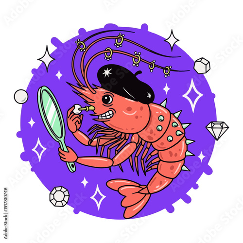 Stunning cartoon lobster with mirror and jewels on purple background