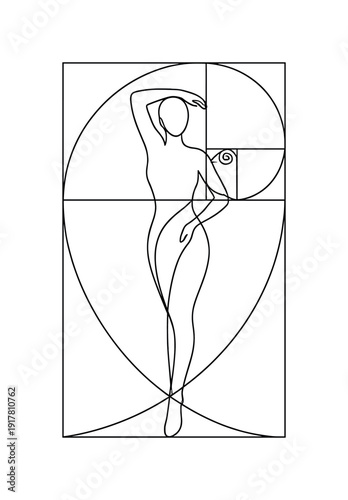 Divine Proportion. Minimalistic one-line drawing abstract human-centered form aligned with balanced geometric