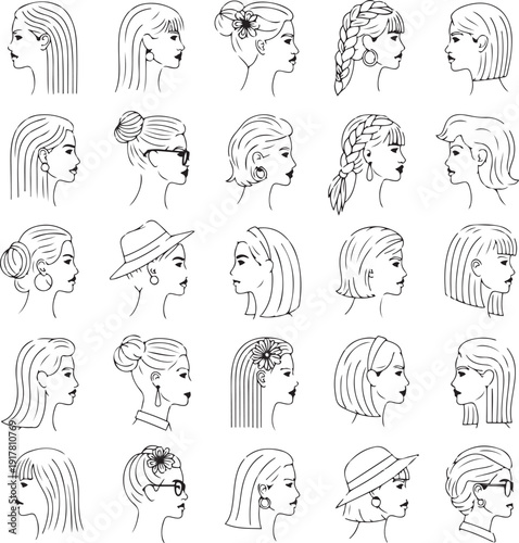 Collection of diverse female profile with various hairstyles and accessories woman head face