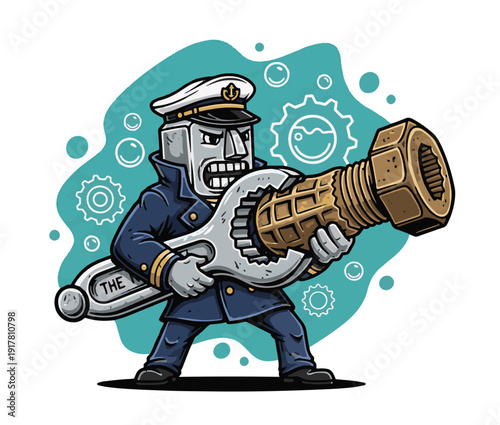 Robot sailor holding giant wrench in dynamic pose