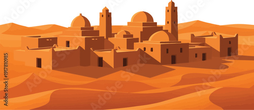 An ancient village with flat-roofed buildings and tall minarets is nestled within vast desert sand dunes.