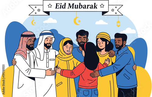 Diverse group of six people embracing warmly under an 'Eid Mubarak' banner in a celebratory and inclusive greeting scene.
