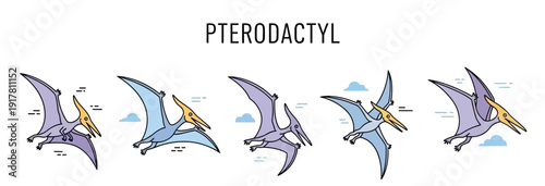 Five stylized cartoon Pterodactyl illustrations flying against a white background