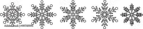 Five black line snowflakes on a white background winter cold