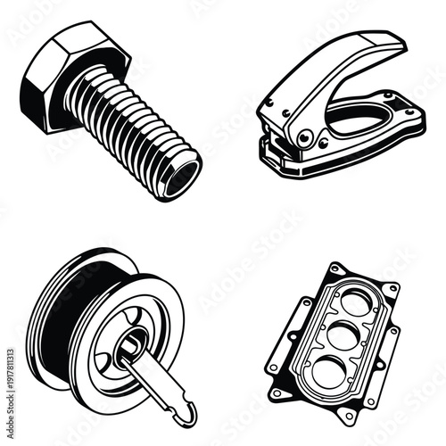 Isometric Ball Bearing and Mechanical Lathe Parts Vector Set