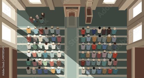 Aerial view depicts Muslim men praying in organized rows inside a mosque facing the mihrab altar.