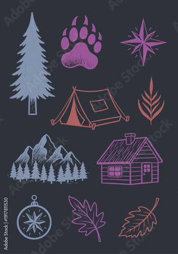 A hand-drawn vector illustration set depicting outdoor adventure and nature elements like trees, mountains, a cabin, tent, and paw print, rendered in a rustic distressed texture style