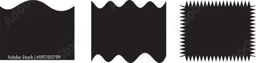 Three black shapes with decorative edges on white background border